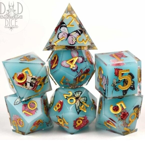 DND Dice Set - Butterfly Kiss - 7 Handmade Resin Dice - Fantasy RPG Gaming - Picture 1 of 4